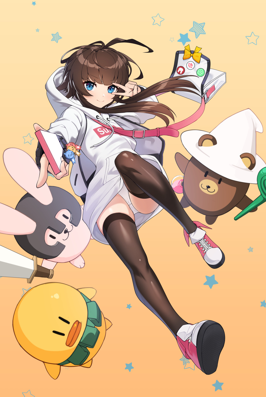 1girl, absurdres, ahoge, bag, blue_eyes, brown_hair, brown_legwear, closed_mouth, counter_side, creature, crotch_seam, drawstring, ett, full_body, hat, highres, holding, hood, hood_down, hoodie, hoodie_dress, jacket, long_hair, long_sleeves, looking_at_viewer, open_clothes, open_jacket, outstretched_arm, panties, pantyshot, phone, pointing, pointing_at_viewer, shoes, shoulder_bag, smile, solo, star_(symbol), thigh-highs, underwear, v, white_hoodie, white_jacket, white_panties, witch_hat, yang_harim, yellow_background