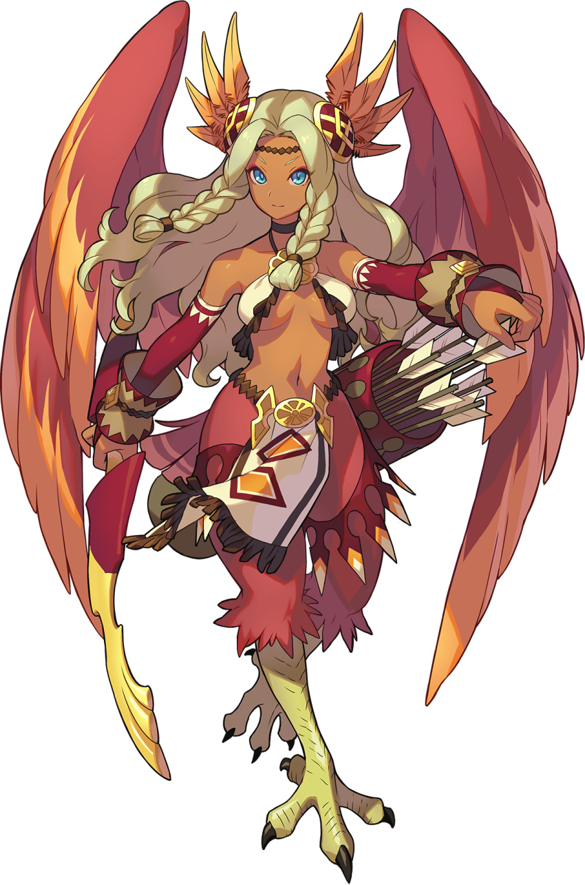 1girl, arm_up, arrow_(projectile), artist_request, bare_shoulders, bird_legs, bird_tail, blonde_hair