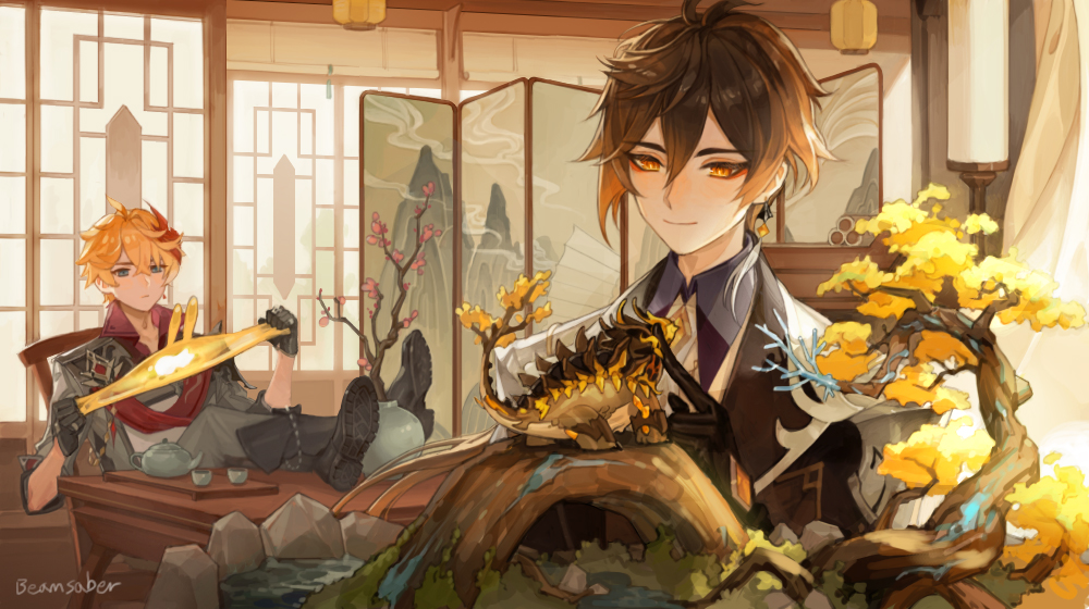 2boys, azhdaha_(genshin_impact), bangs, black_gloves, blue_eyes, boots, brown_hair, closed_mouth