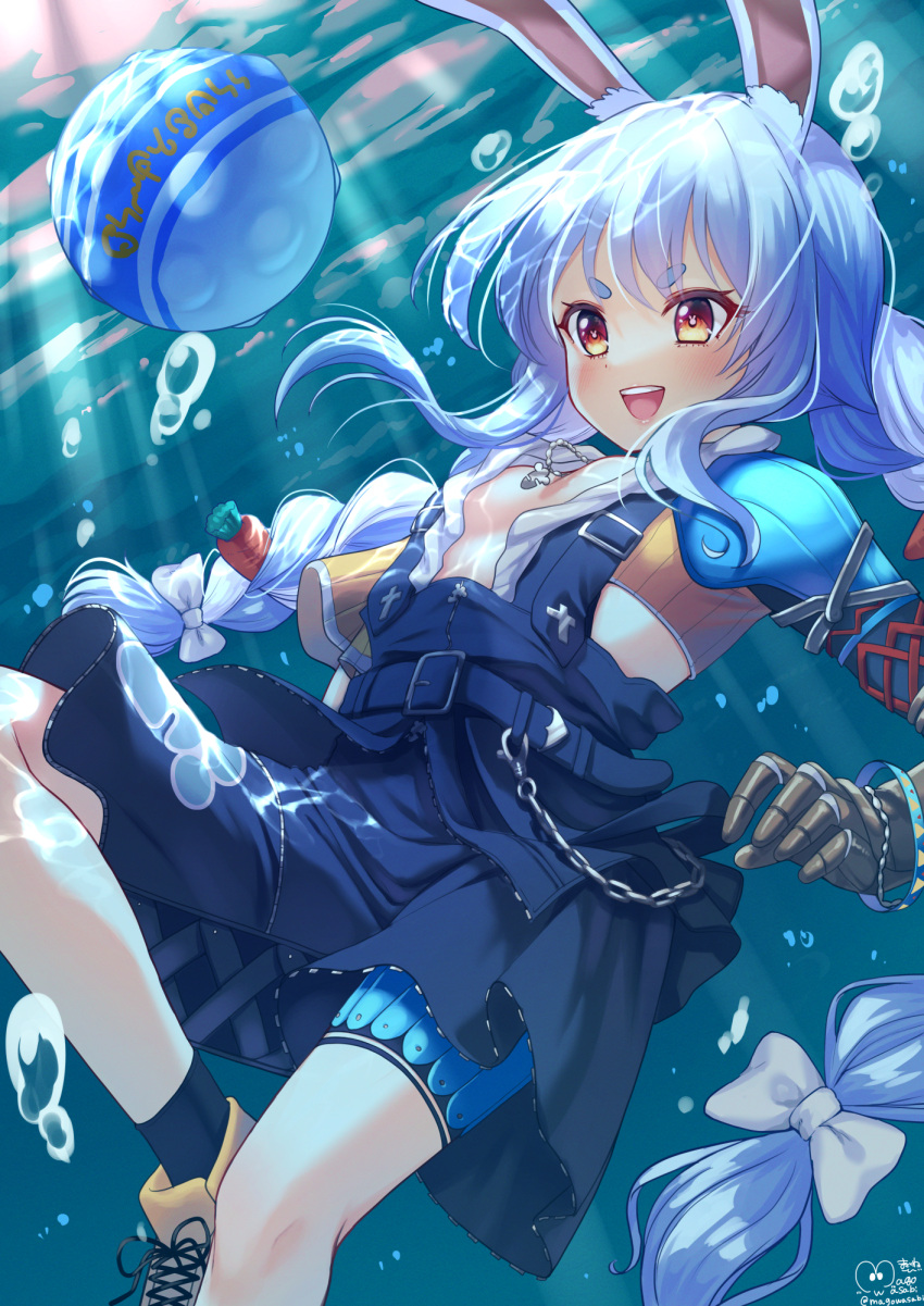 1girl, :d, animal_ear_fluff, animal_ears, armor, bangs, black_legwear, blitzball, blue_hair, blush, bow, braid, breasts, brown_hair, bubble, bunny-shaped_pupils, carrot_hair_ornament, commentary_request, cosplay, eyebrows_visible_through_hair, final_fantasy, final_fantasy_x, food_themed_hair_ornament, hair_bow, hair_ornament, highres, hololive, jewelry, long_hair, magowasabi, necklace, open_mouth, pauldrons, rabbit_ears, red_eyes, shoes, short_eyebrows, shoulder_armor, signature, small_breasts, smile, socks, solo, thick_eyebrows, tidus, tidus_(cosplay), twin_braids, twintails, twitter_username, underwater, usada_pekora, vambraces, virtual_youtuber, white_bow