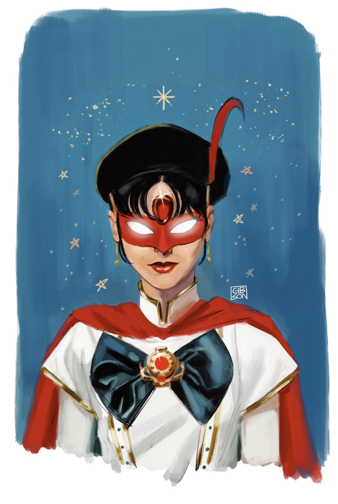 1girl, beret, bishoujo_kamen_poitrine, black_hair, black_headwear, brooch, cape, earrings
