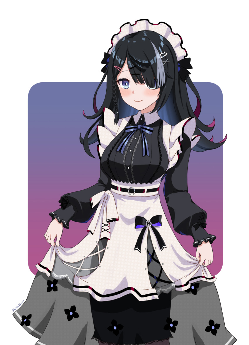 1girl, apron, bangs, belt, black_hair, black_shirt, black_skirt, blue_eyes