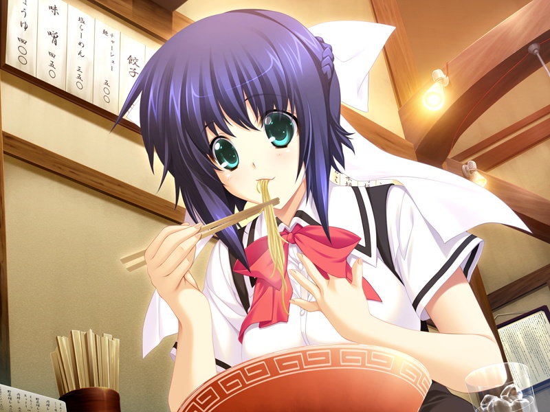 blue_hair, braid, chopsticks, eating, food, game_cg, iizuki_tasuku, kaguyama_azami