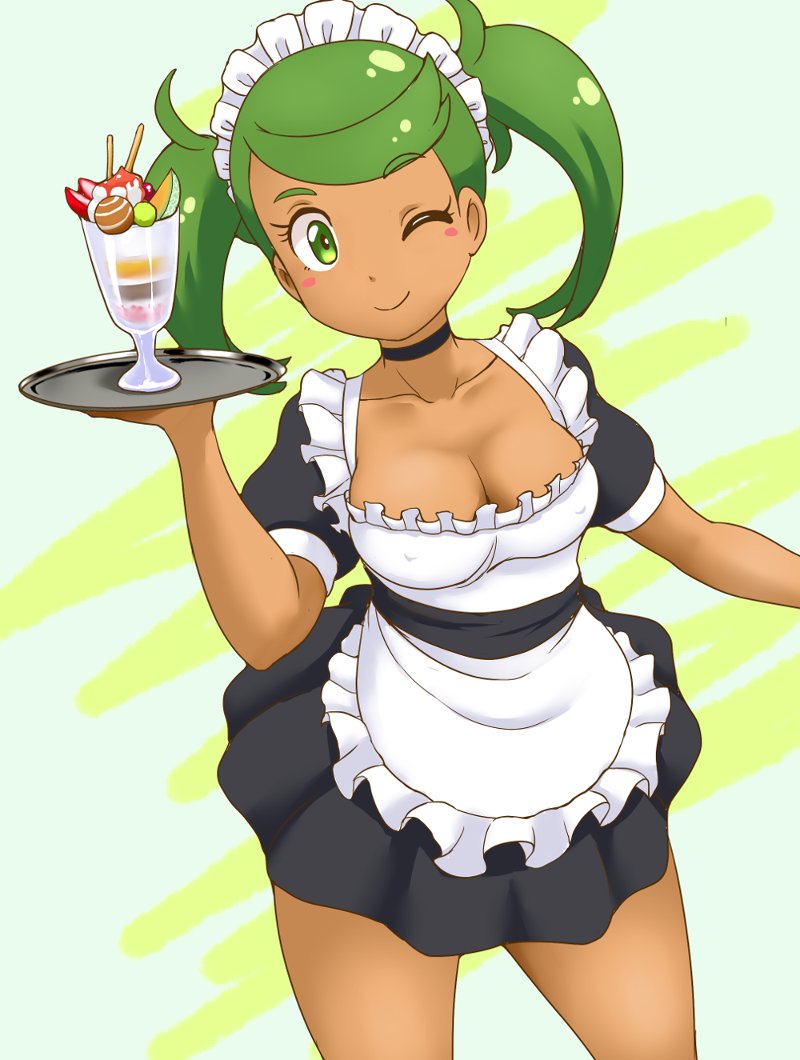 1girl, ;), alternate_costume, apron, bangs, black_choker, black_dress, breasts