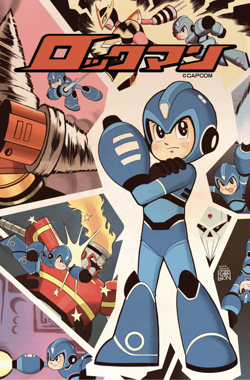 5boys, android, arm_cannon, blue_eyes, commentary, cover, drill_man, elec_man, energy_beam, english_commentary, fire_man, helmet, highres, ikehara_shigeto_(style), jordan_gibson, mega_man:_fully_charged, mega_man_(character), mega_man_(classic), mega_man_(series), multiple_boys, open_mouth, parody, punching, retro_artstyle, signature, skull_man_(mega_man), style_parody, tetsuwan_atom, weapon