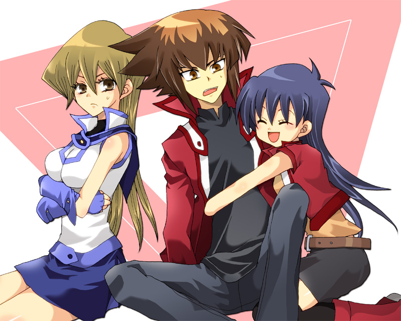 blush, brown_eyes, brown_hair, fingerless_gloves, gloves, hug, long_hair, open_mouth
