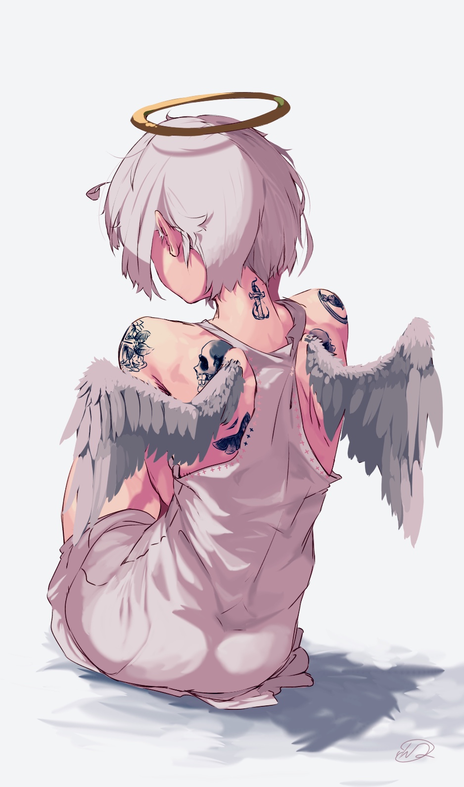 1girl, anchor_tattoo, angel_wings, bare_arms, bare_shoulders, commentary_request, full_body, grey_background