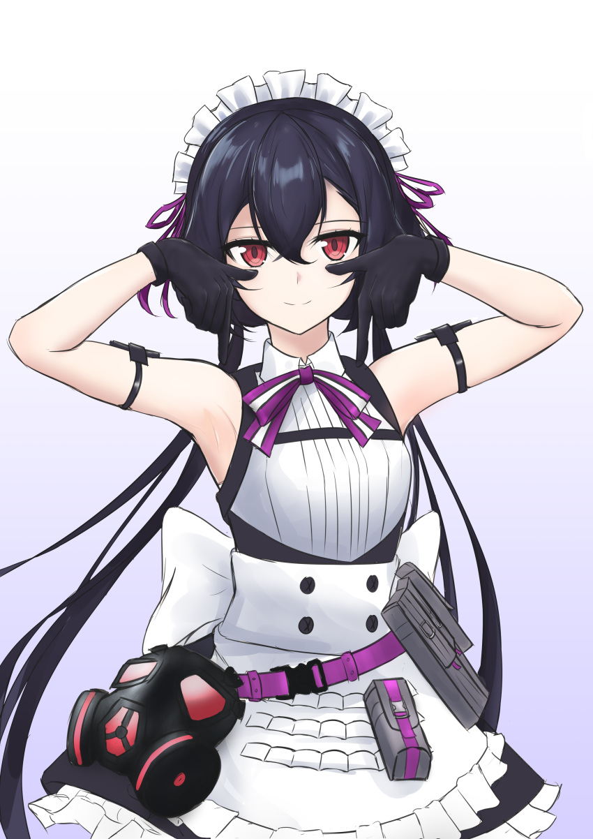 1girl, absurdres, apron, arm_strap, armpits, arms_up, bare_shoulders, belt_pouch, black_dress, black_gloves, black_hair, bow, bowtie, counter_side, dress, frills, gas_mask, gloves, gradient, gradient_background, hair_between_eyes, highres, kjg003, lily_(counter_side), long_hair, looking_at_viewer, low_twintails, maid, maid_apron, maid_headdress, pointing, pointing_down, pouch, red_eyes, sleeveless, sleeveless_dress, smile, solo, strap, twintails, upper_body, waist_apron, wing_collar