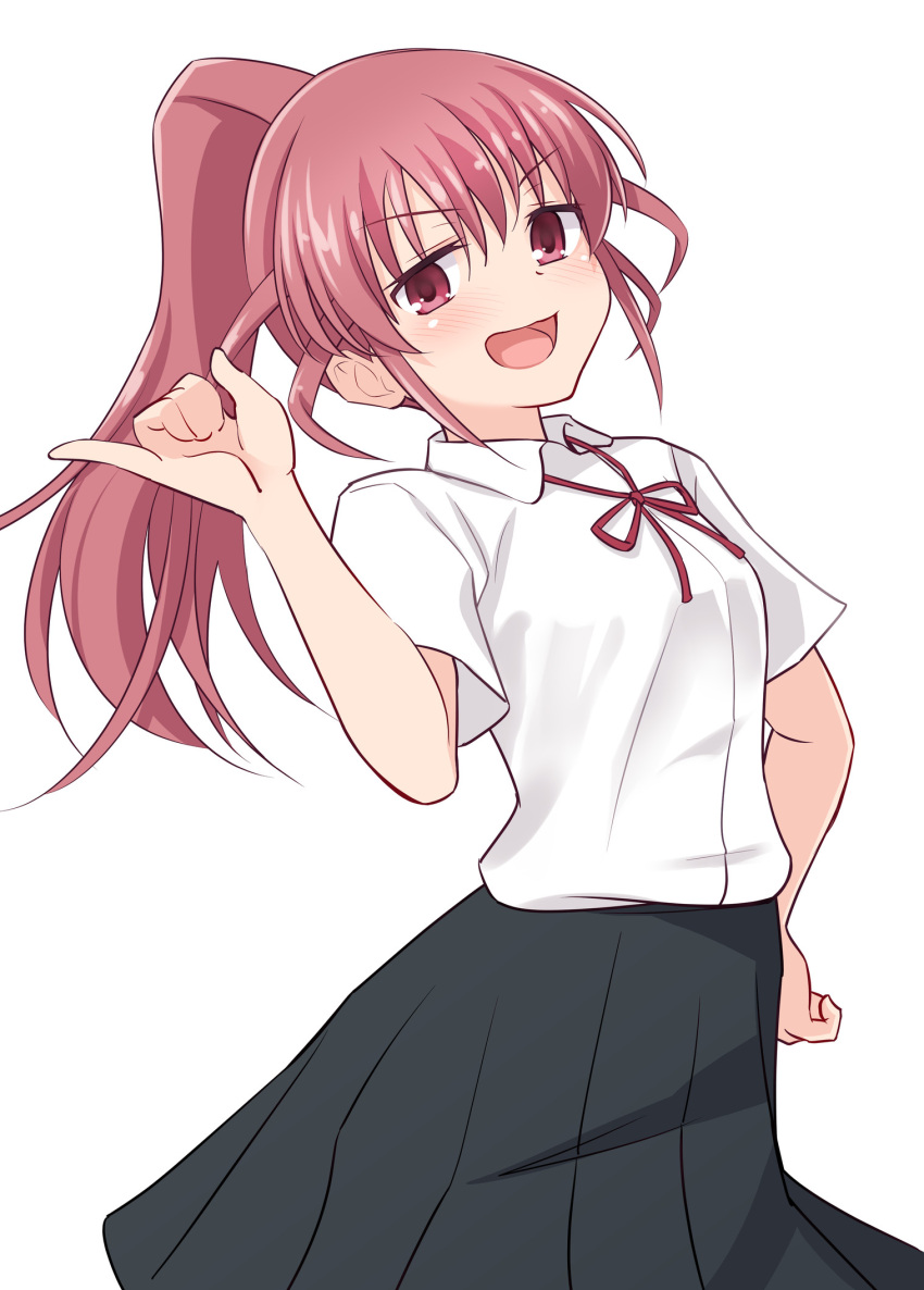 1girl, atago_hiroe, bangs, black_skirt, cowboy_shot, dress_shirt, eyebrows_visible_through_hair, hand_on_hip