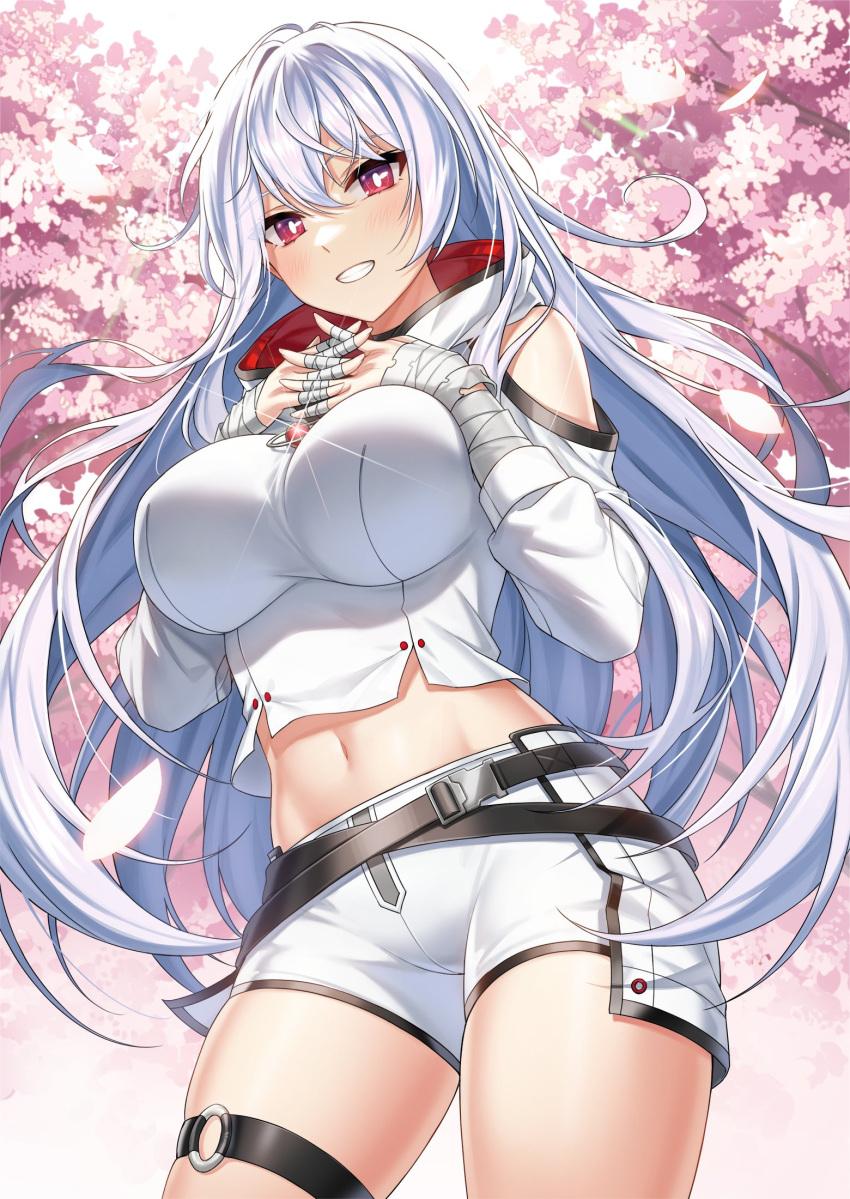 1girl, 2qba, bandaged_hands, bandages, belt, breasts, bright_pupils, cherry_blossoms