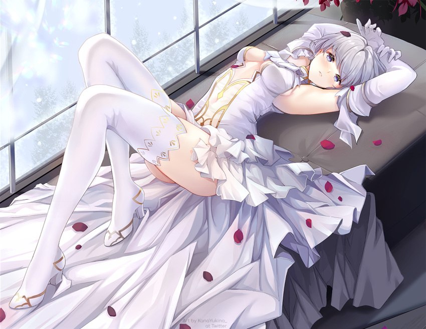 1girl, armpits, arms_behind_head, arms_up, blue_eyes, blush, boots, breasts, center_opening, commission, covered_navel, date_a_live, dress, elbow_gloves, full_body, gloves, high_heel_boots, high_heels, indoors, kana_yukino, knees_up, layered_dress, legs, looking_at_viewer, lying, medium_hair, on_back, petals, pleated_dress, see-through, silver_hair, snow, snowing, solo, thigh-highs, thigh_boots, thighs, tobiichi_origami, under_boob, white_dress, white_gloves, white_legwear
