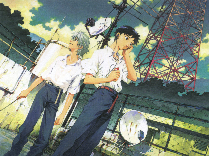 2boys, absurdres, chain-link_fence, clouds, color_halftone, dutch_angle, earphones, fence
