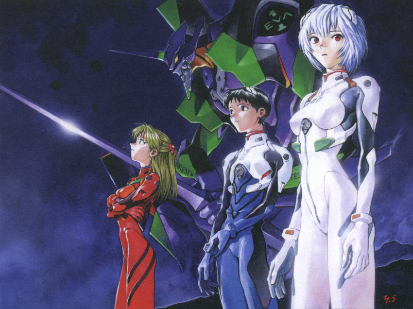 1boy, 2girls, :o, absurdres, ayanami_rei, bangs, black_hair, blue_hair