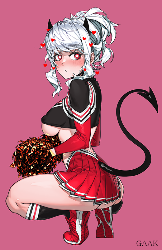 1girl, black_horns, black_tail, breasts, cheerleader, covered_nipples, crop_top, demon_girl, demon_horns, demon_tail, english_commentary, eyebrows_visible_through_hair, floating_heart, gaak11977, heart, heart-shaped_pupils, helltaker, holding, holding_pom_poms, horns, large_breasts, looking_at_viewer, looking_back, miniskirt, modeus_(helltaker), pom_poms, ponytail, shoes, signature, simple_background, skirt, sneakers, socks, solo, squatting, symbol-shaped_pupils, tail, under_boob, white_hair
