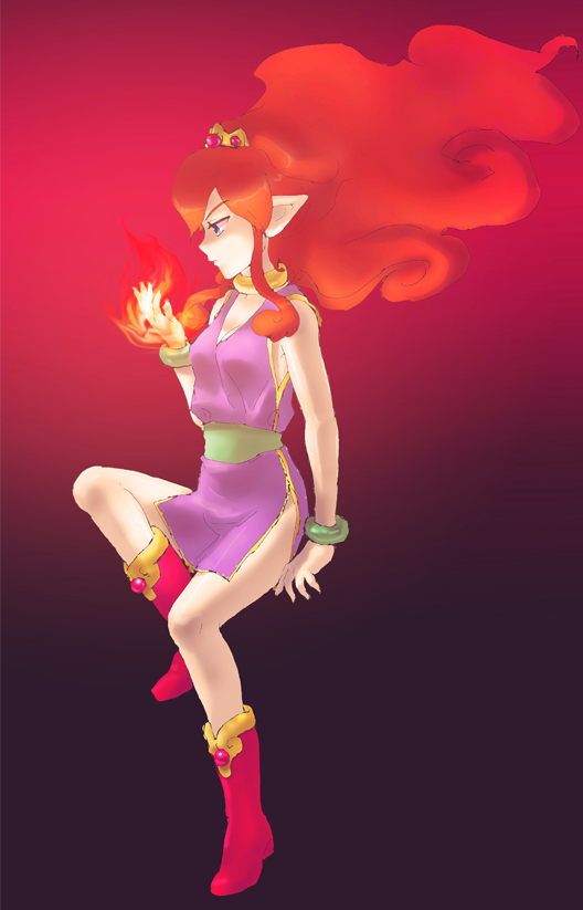 blue_eyes, boots, choker, crown, fire, flare_(panel_de_pon), long_hair, nintendo