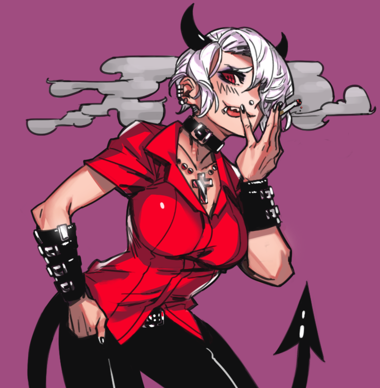 1girl, black_choker, black_nails, black_pants, breasts, choker, cigarette, demon_girl