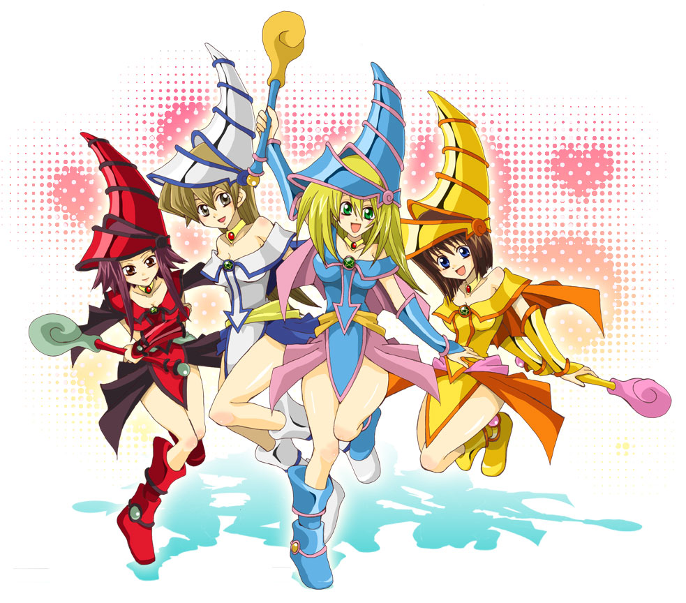 blonde_hair, blue_eyes, brown_eyes, brown_hair, cape, cosplay, dark_magician_girl, dark_magician_girl_(cosplay), detached_sleeves, hat, izayoi_aki, long_hair, mazaki_anzu, open_mouth, red_eyes, red_hair, redhead, saeki_yuki, short_hair, smile, tenjouin_asuka, wand, yu-gi-oh!, yugioh_5d's, yugioh_gx, yuu-gi-ou, yuu-gi-ou_5d's, yuu-gi-ou_duel_monsters, yuu-gi-ou_gx