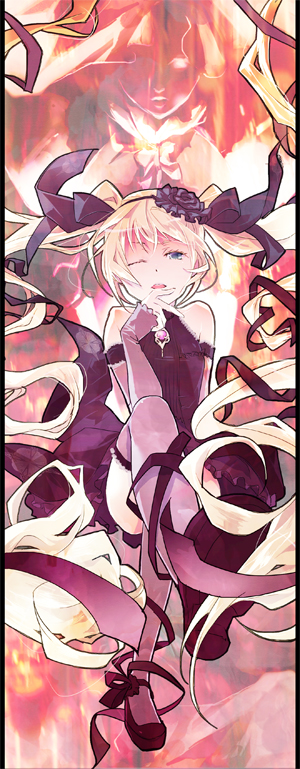 blonde_hair, blue_eyes, cosmo_(artist), ekaterina_kurae, elbow_gloves, gloves, hair_ribbon, hairband, long_hair, ribbon, seikon_no_qwaser, thigh-highs, thighhighs, twintails, very_long_hair, wink