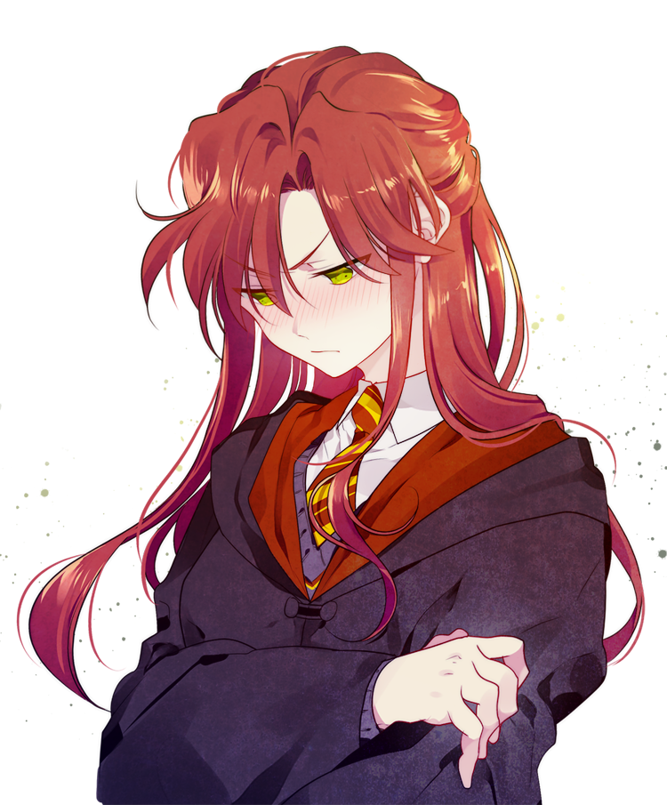 1girl, blush, crossed_arms, ginny_weasley, gryffindor, hair_between_eyes, harry_potter, long_hair