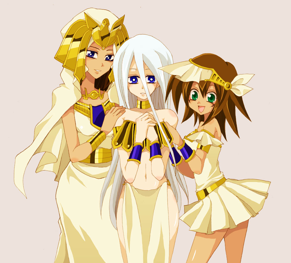blue_eyes, bracelet, brown_hair, cape, choker, dark_skin, egyptian, green_eyes, headdress, hood, ishizu_ishtar, jewelry, kisara, loincloth, long_hair, mana_(yugioh), mana_(yuu-gi-ou), midriff, open_mouth, purple_eyes, saeki_yuki, short_hair, skirt, smile, violet_eyes, white_hair, yu-gi-oh!, yuu-gi-ou, yuu-gi-ou_duel_monsters