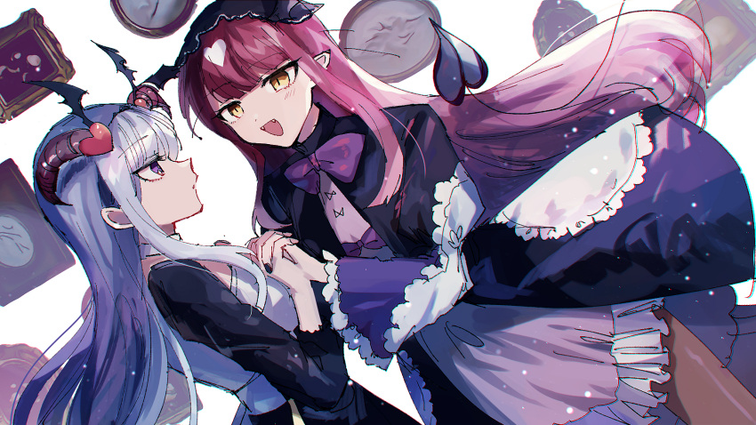 2girls, :d, aurora_sya_lis_kaymin, bangs, black_dress, black_nails, blush, bow