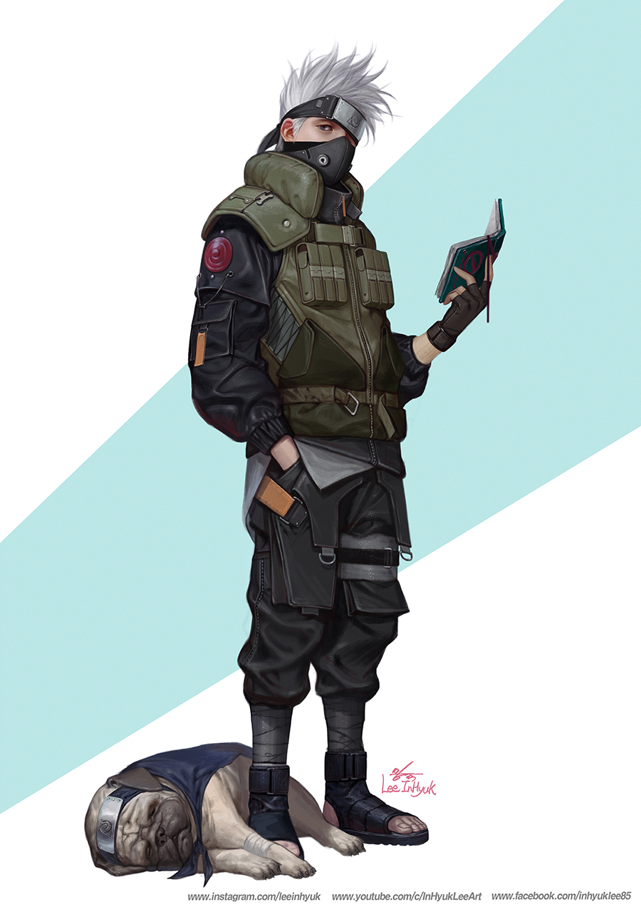 1boy, blue_eyes, book, dog, flak_jacket, forehead_protector, hand_in_pocket, hatake_kakashi, highres, holding, holding_book, in-hyuk_lee, konohagakure_symbol, male_focus, mask, naruto, naruto_(series), one_eye_covered, pakkun_(naruto), pug, realistic, sandals, signature, silver_hair, solo, watermark, web_address