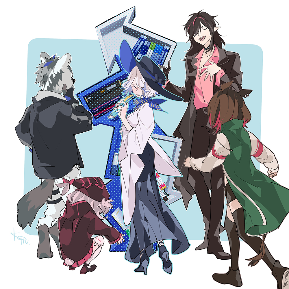 2boys, 3girls, animal_ears, arknights, black_hair, black_jacket, brown_hair, catapult_(arknights)