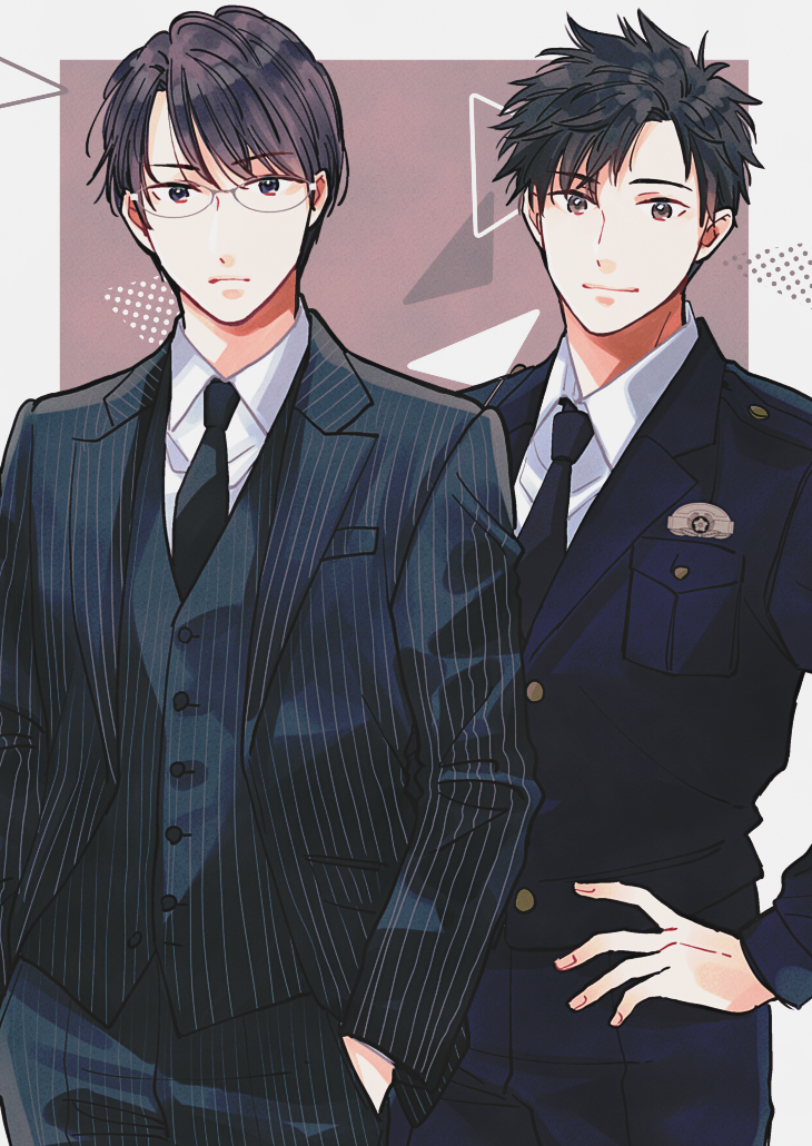 2boys, black_hair, black_jacket, black_neckwear, brown_eyes, brown_hair, formal, glasses