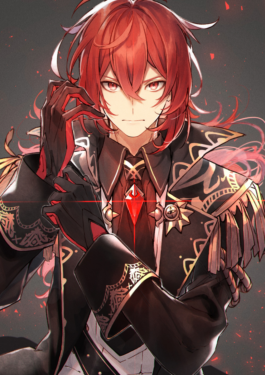 1boy, adjusting_clothes, adjusting_gloves, bangs, belt, black_gloves, black_pants, black_suit