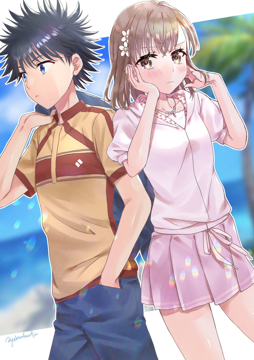1boy, 1girl, ayuko_(ayuko54bornthisway), black_hair, blouse, blue_eyes, brown_eyes, brown_hair