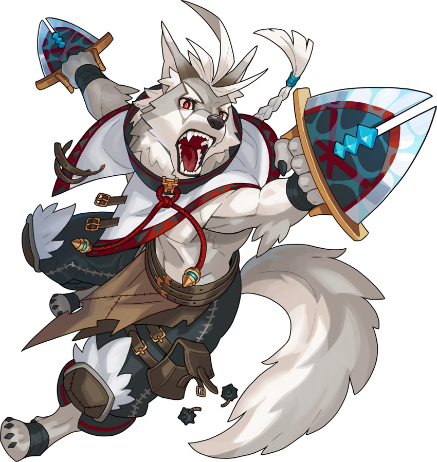 1boy, ahoge, animal_ear_fluff, animal_ears, animal_nose, armpits, arms_up, artist_request, bangs, barefoot, belt, body_fur, braid, braided_ponytail, claws, clenched_hands, dagger, fangs, firecrackers, full_body, furry, green_pants, grey_fur, hair_tie, highres, holding, holding_dagger, holding_weapon, jamadhar, jumping, klaus_(world_flipper), knee_pads, long_hair, male_focus, non-web_source, official_art, open_mouth, outstretched_arms, pants, paws, pouch, red_eyes, sharp_teeth, single_braid, snout, solo, tail, teeth, thigh_pouch, thigh_strap, tied_hair, toned, tongue, transparent_background, two-tone_fur, weapon, white_fur, white_hair, wide-eyed, wolf_boy, wolf_ears, wolf_tail, world_flipper, wristband