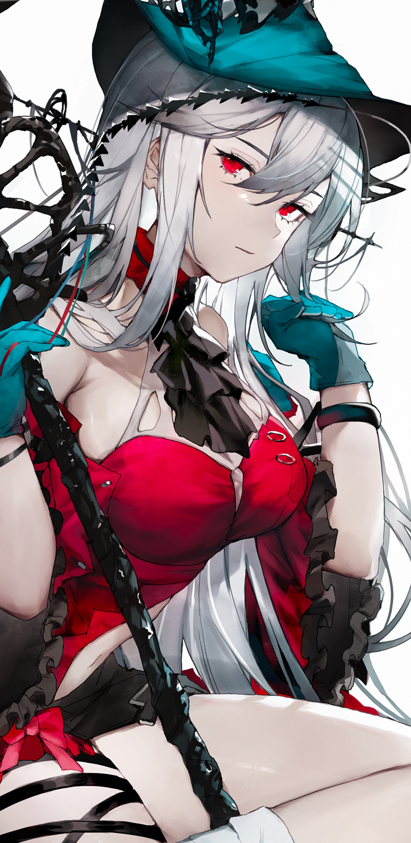 1girl, arknights, bangs, bare_shoulders, black_ribbon, blue_gloves, blue_headwear, bracelet