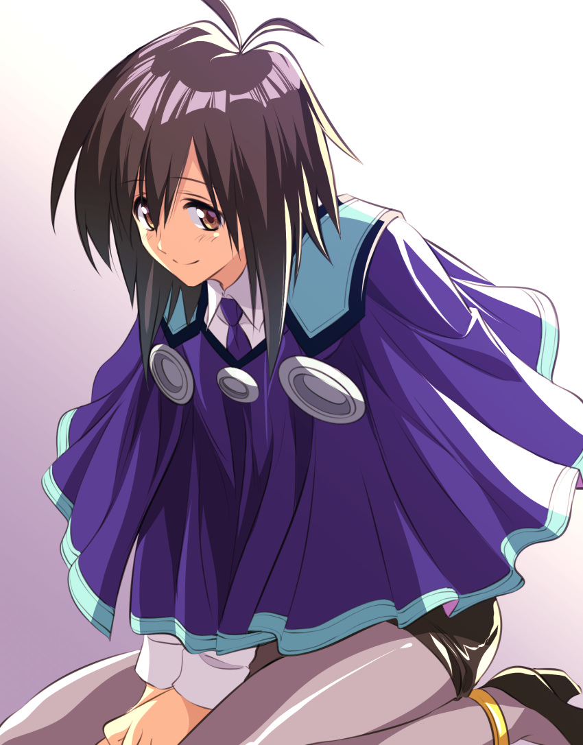 1girl, bangs, black_footwear, black_hair, brown_eyes, cloak, commentary_request, eyebrows_visible_through_hair