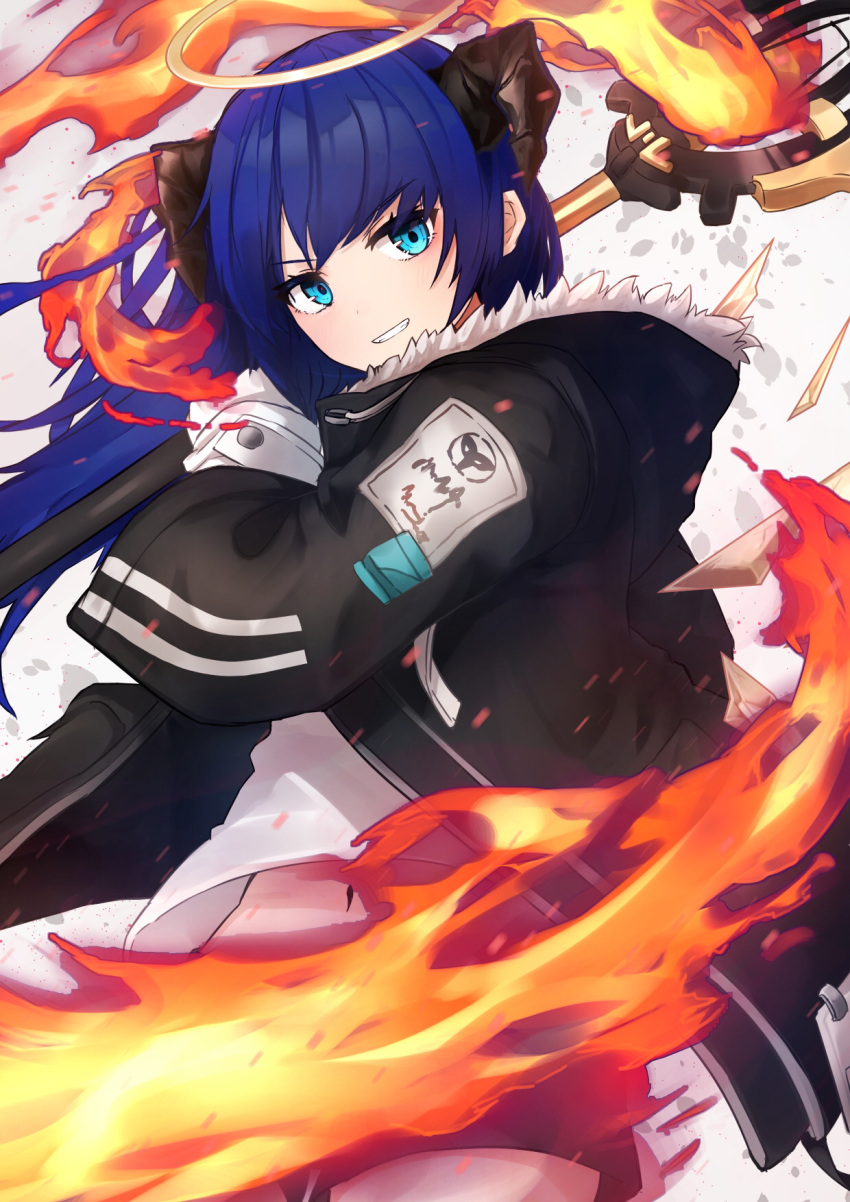 1girl, arknights, black_jacket, black_shorts, blue_eyes, blue_hair, commentary, cowboy_shot