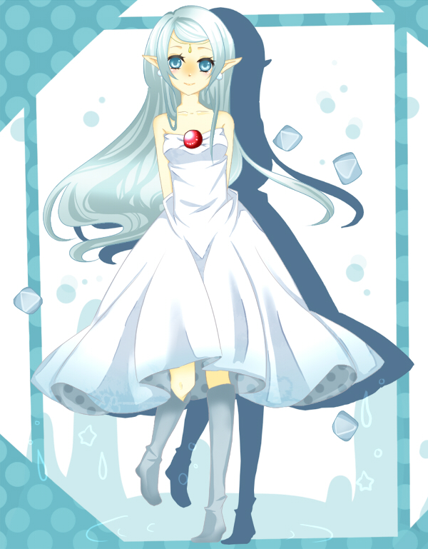 bare_shoulders, blue_eyes, boots, dress, earrings, elias, jewelry, long_hair