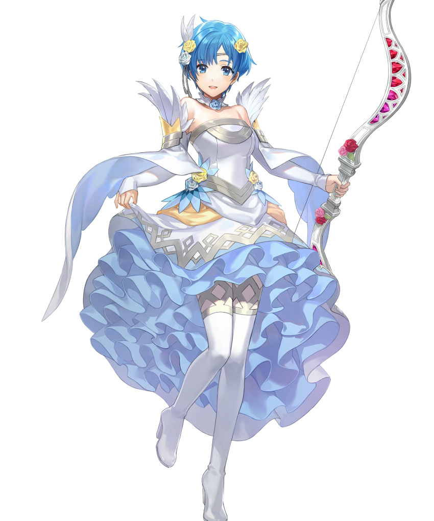 1girl, bangs, blue_eyes, blue_hair, boots, bow_(weapon), breasts, detached_collar
