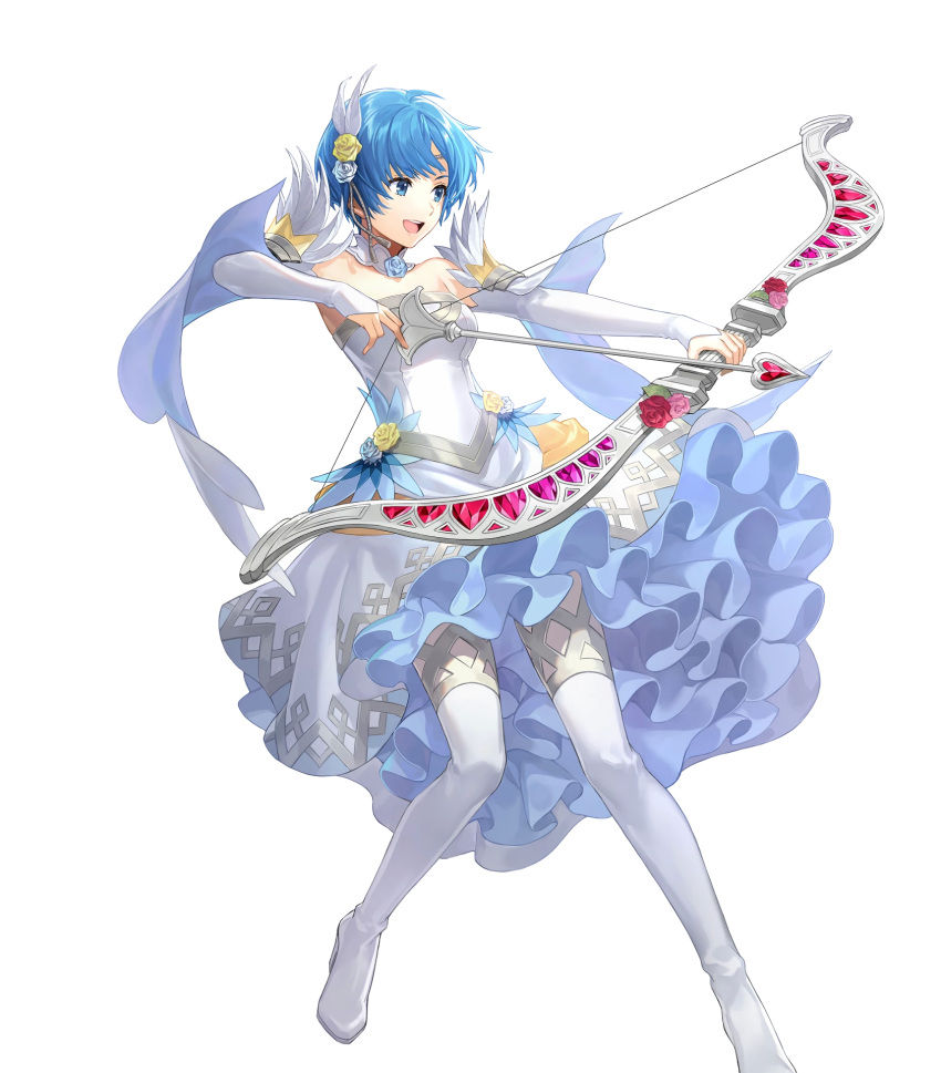 1girl, bangs, blue_eyes, blue_hair, boots, bow_(weapon), breasts, detached_collar