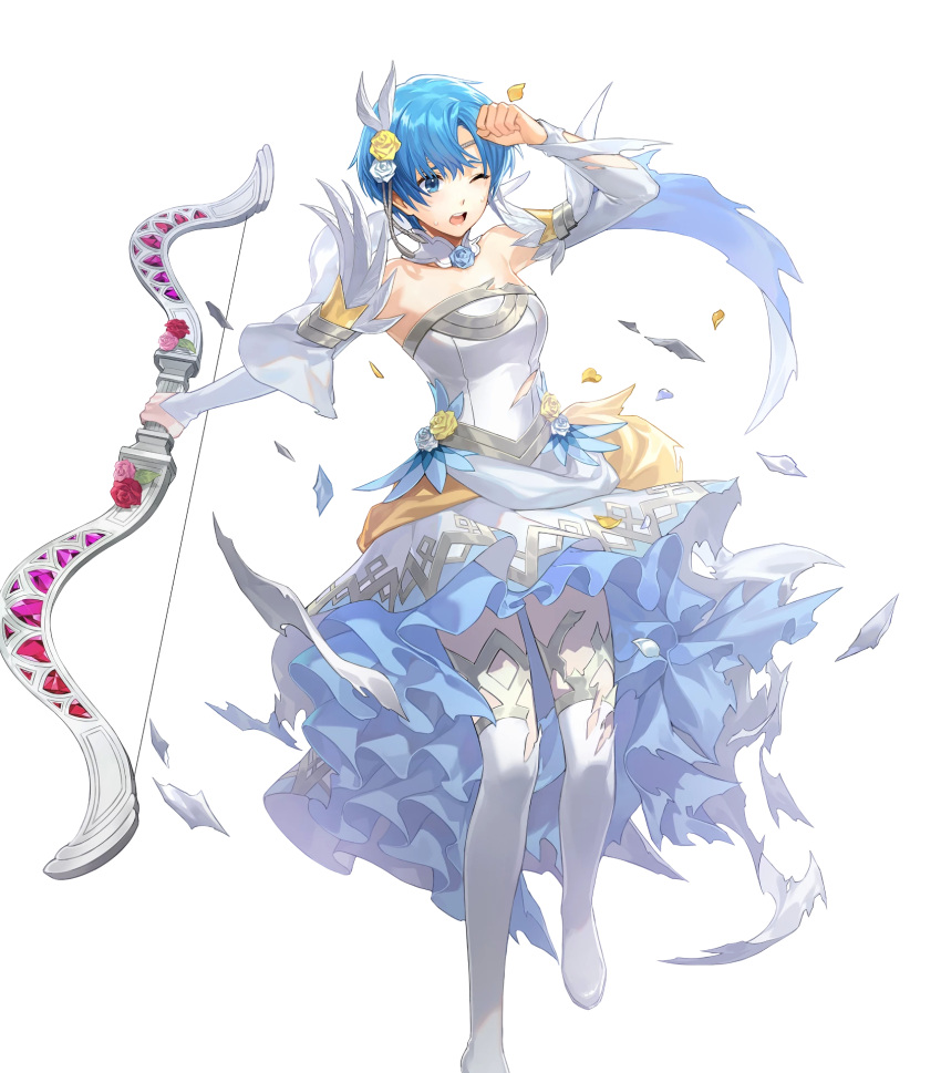 1girl, bangs, blue_eyes, blue_hair, boots, bow_(weapon), breasts, detached_collar