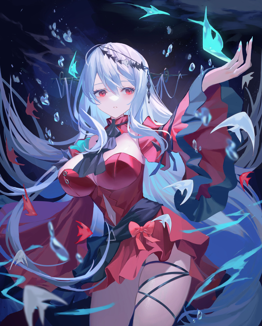 1girl, absurdres, air_bubble, arknights, ascot, bangs, bare_shoulders, black_neckwear, black_ribbon, breasts, bubble, clothing_cutout, cowboy_shot, detached_sleeves, dress, fish, hand_up, headgear, highres, huge_filesize, leg_ribbon, long_hair, long_sleeves, looking_to_the_side, medium_breasts, navel, navel_cutout, no_hat, no_headwear, parted_lips, red_dress, red_eyes, ribbon, senya8833, short_dress, silver_hair, skadi_(arknights), skadi_the_corrupting_heart_(arknights), solo, thigh_strap, thighs, underwater, very_long_hair
