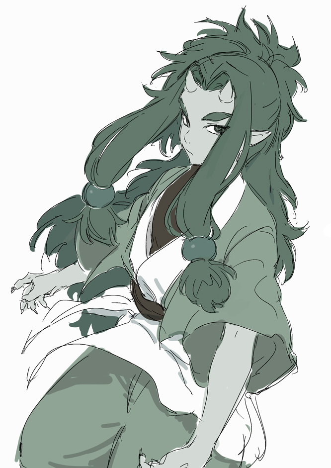 1boy, chiyo_(qiandai), colored_skin, cowboy_shot, green_hair, green_skin, horns, long_hair
