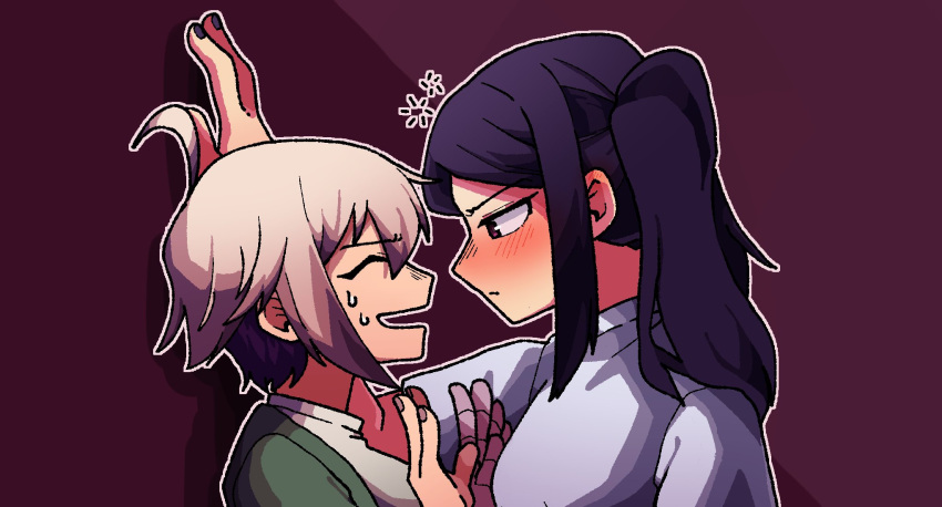 2girls, ahoge, black_hair, black_nails, blonde_hair, blush, brown_eyes, closed_eyes