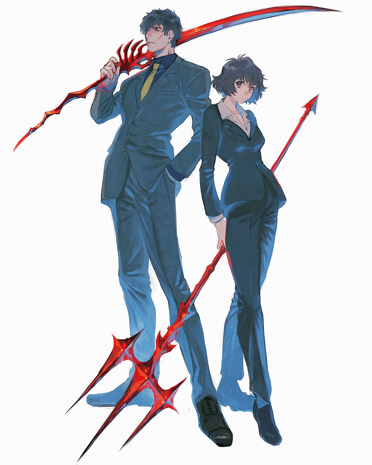 1boy, 1girl, bangs, black_eyes, black_footwear, black_hair, black_jacket, black_pants, black_shirt, black_suit, chain_sumeragi, closed_mouth, collared_shirt, dress_shirt, formal, full_body, hair_over_one_eye, hand_in_pocket, hand_up, highres, holding, holding_polearm, holding_sword, holding_weapon, jacket, kekkai_sensen, long_sleeves, looking_at_viewer, looking_away, necktie, over_shoulder, pants, polearm, scar, scar_on_face, shirt, shoes, short_hair, simple_background, standing, steven_a._starphase, suit, sword, ta0oxo0ma, trident, weapon, weapon_over_shoulder, white_background, white_shirt, yellow_neckwear