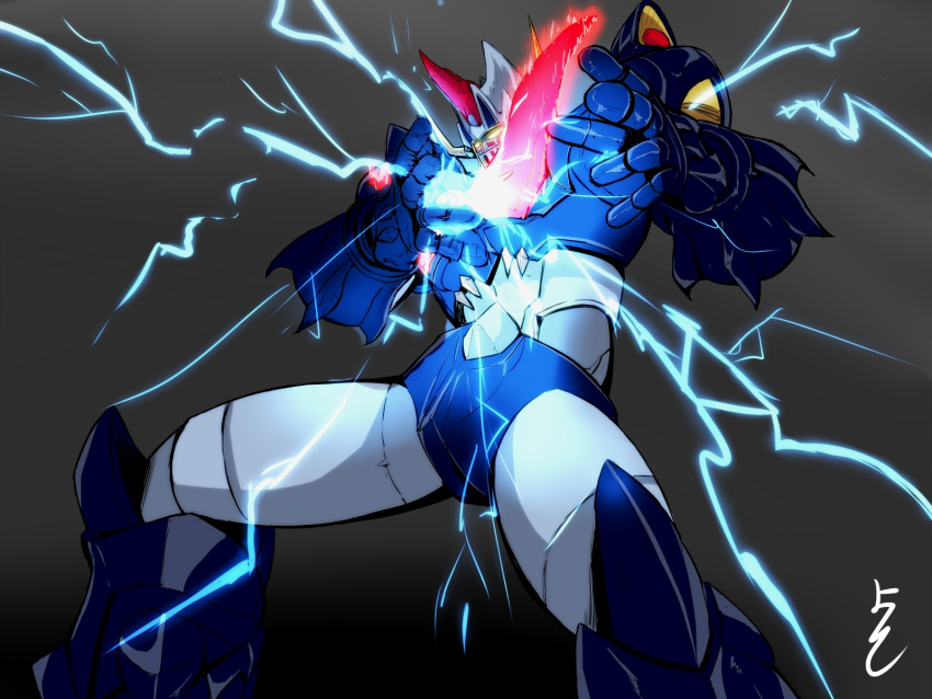 electricity, glowing, glowing_eyes, grey_background, highres, horns, mazinger_(series), mazinkaiser