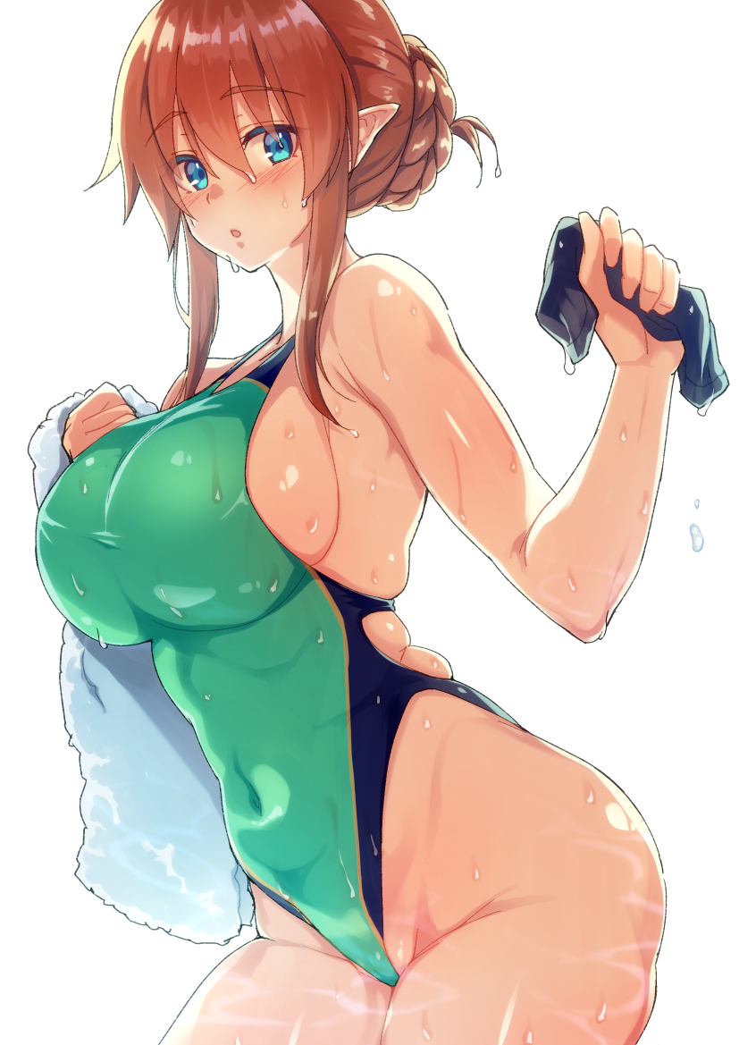 1girl, blue_eyes, breasts, competition_swimsuit, cowboy_shot, elf, green_swimsuit, hair_bun, highleg, highleg_swimsuit, holding, large_breasts, looking_at_viewer, misato_(princess_connect!), one-piece_swimsuit, pointy_ears, princess_connect!, satou_(kuso-neet), simple_background, solo, swim_cap_removed, swimsuit, tied_hair, towel, white_background, white_towel