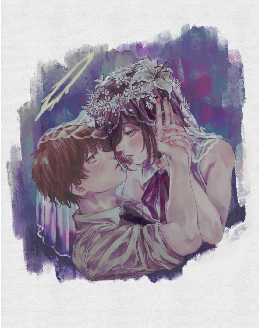 1boy, 1girl, absurdres, bridal_veil, chainsaw_man, couple, denji_(chainsaw_man), flower, flower_in_mouth, hair_over_one_eye, highres, lily_(flower), reze_(chainsaw_man), ttt75966067, veil