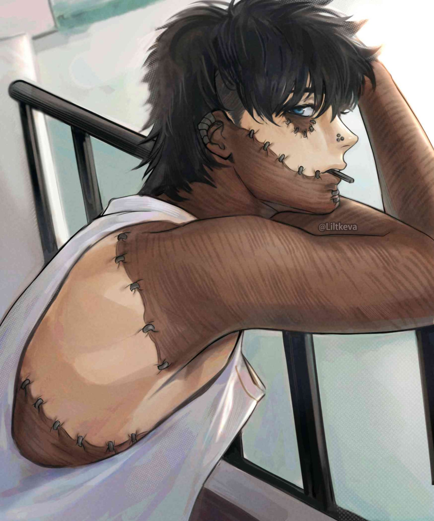1boy, alternate_costume, alternate_hairstyle, bangs, bare_shoulders, black_hair, blue_eyes, boku_no_hero_academia