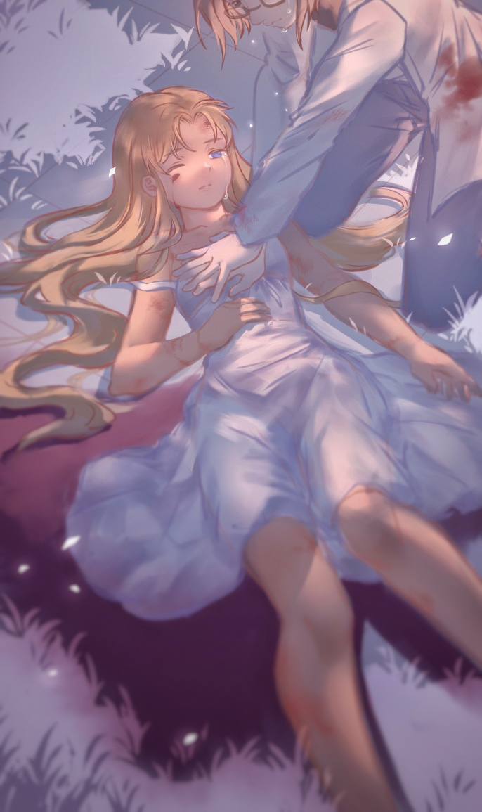 2girls, blonde_hair, blood, blood_on_face, blood_on_ground, bloody_clothes, blue_eyes, blurry, cpr, depth_of_field, dress, gunslinger_girl, hand_on_own_stomach, kneeling, lying, multiple_girls, on_back, one_eye_closed, qdk_(cookieqvqi), short_hair, tan, triela, white_dress