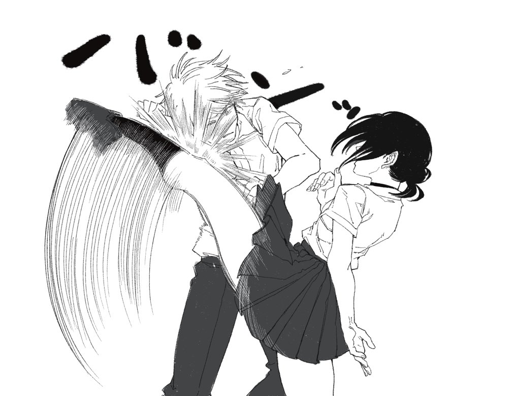 1boy, 1girl, chainsaw_man, denji_(chainsaw_man), high_kick, kicking, martial_arts, monochrome