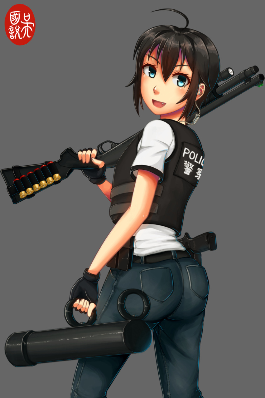 1girl, ahoge, battering_ram, belt, black_belt, black_gloves, black_hair, blue_pants