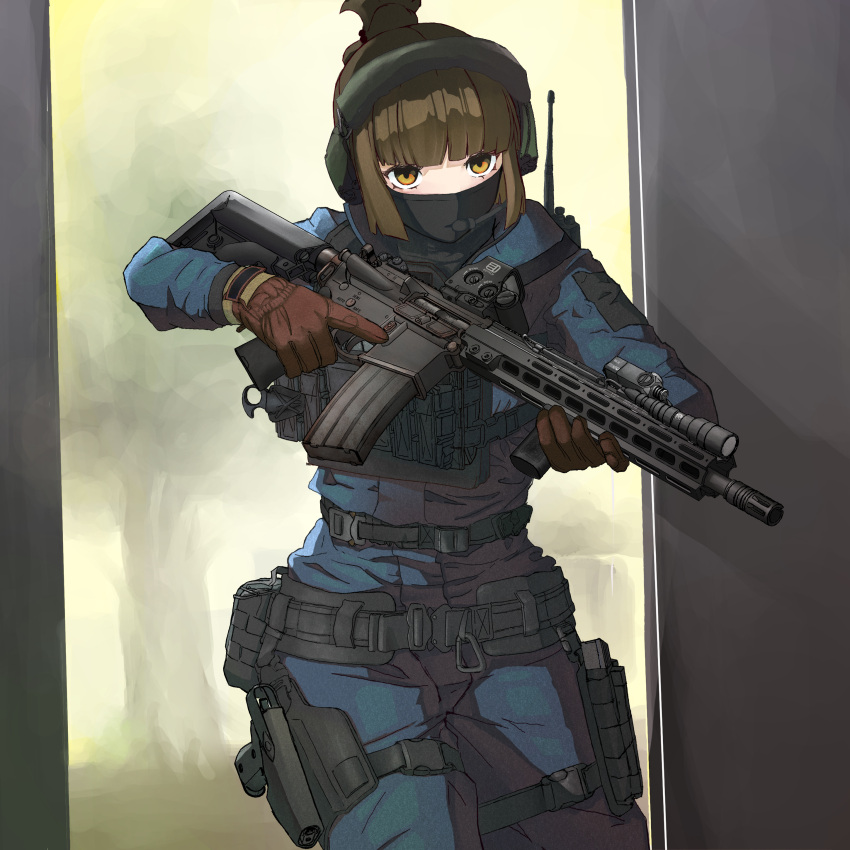 1girl, absurdres, assault_rifle, bangs, blue_jacket, blue_pants, blunt_bangs, brown_eyes